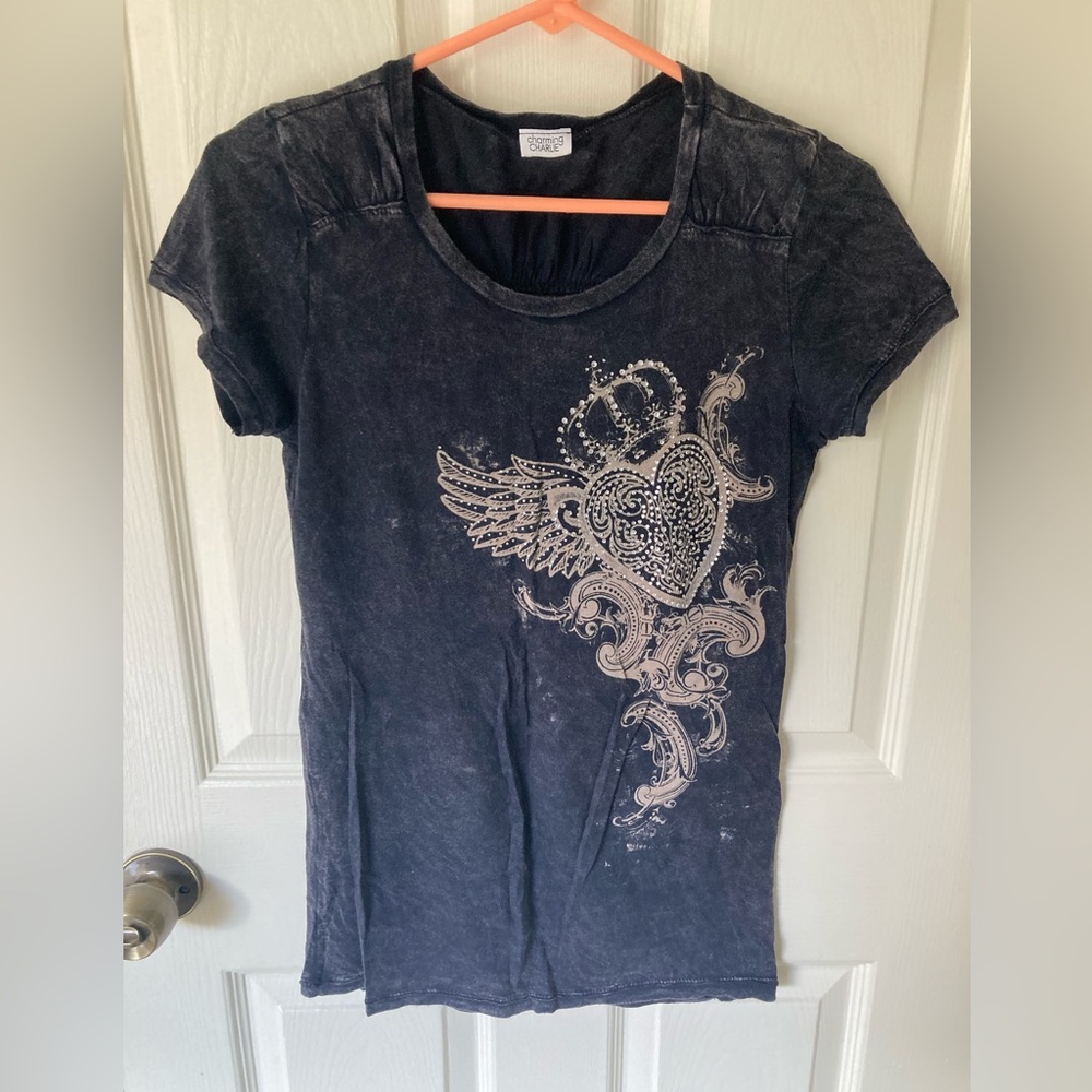 Charming Charlie Retro distressed black T-shirt Size ~S. NWOT